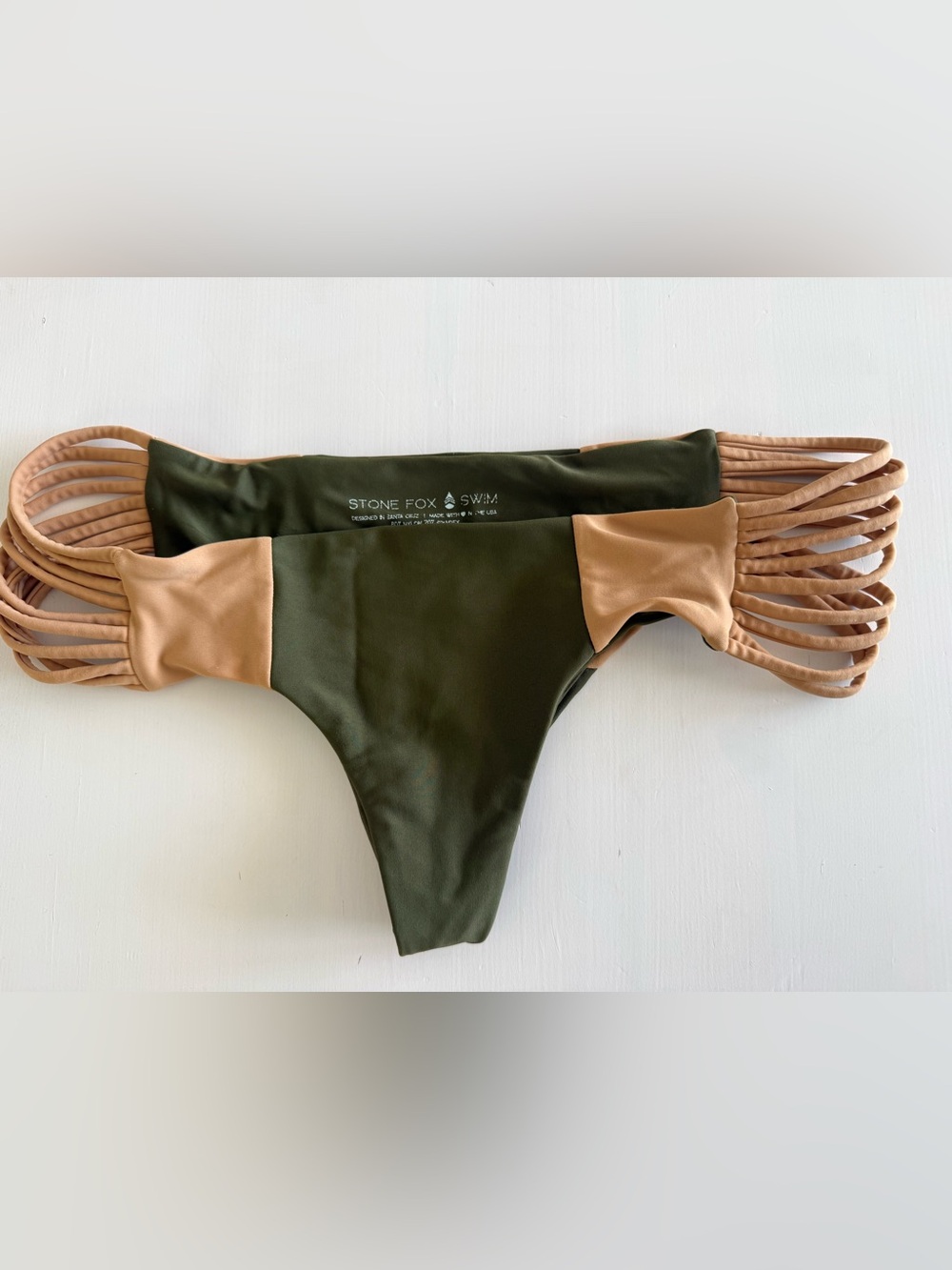 Stone Fox Swim Olive Bikini Bottom Tan Strappy Sides multi strappy Beach Large